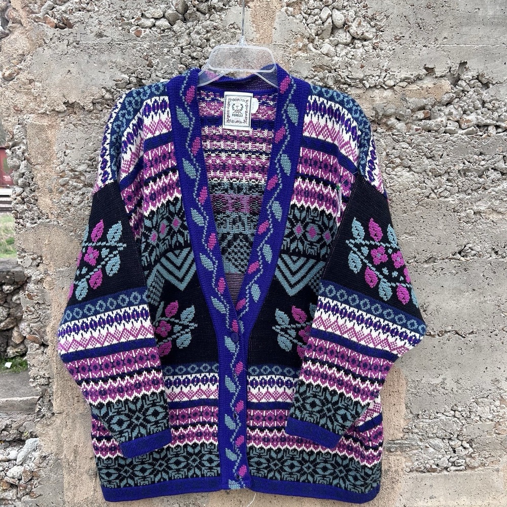 Vintage Forelli Sz L Oversize Folk Floral Cottage Fair Isle 80's Knit Cardigan